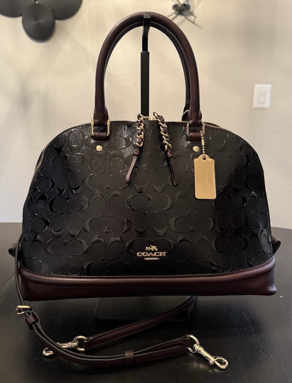 Coach Large Signature Debossed Patent Leather Sierra Satchel Black Oxblood